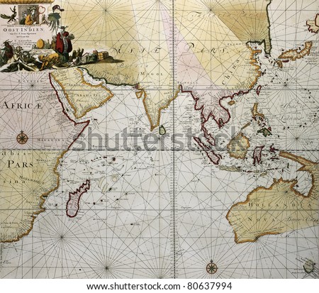 Indian ocean old map, southern Asia, eastern Africa and west Australia. Created by Hendrick Doncker, published in Amsterdam, 1705