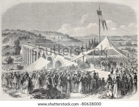 Old illustration of Carpentras channel inauguration. Created by Laurens, published on L'Illustration, Journal Universel, Paris, 1857