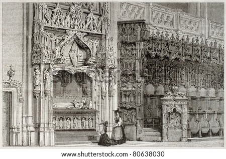 Old illustration of Margaret of Bourbon tomb in the Royal Monastery of Brou, France. Created by Matthieu, published on Magasin Pittoresque, Paris, 1850