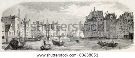Old view of Rokin channel, Amsterdam. Created by Marc, published on L'Illustration, Journal Universel, Paris, 1857