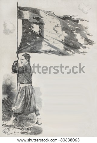 Old illustration of Corporal Lihat, Zuave in the French Army, holding flag for the Malakoff taking during Crimean war. Created by Yvon, published on L'Illustration, Journal Universel, Paris, 1857