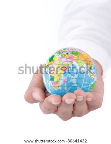 world in hand and global business concept on white background