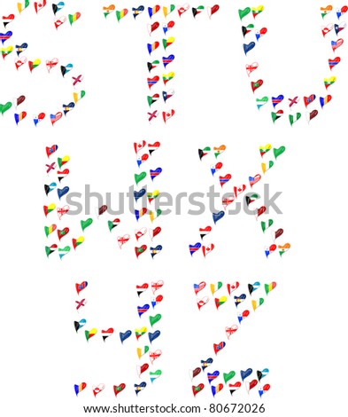 Alphabet letters abc font made of flags in heart. vector