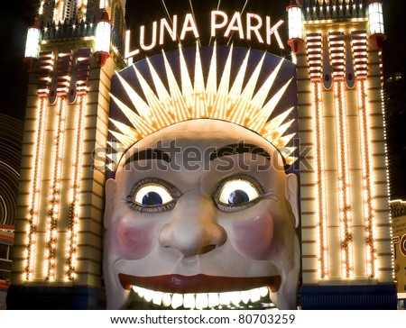 The clown face at the entrance of Luna Park, one of the iconic entertainment precincts in Sydney, Australia Royalty-Free Stock Photo #80703259