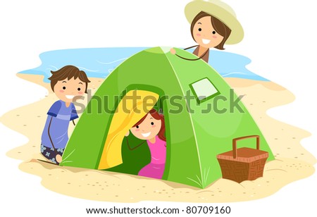 Illustration of a Family Building a Tent Together
