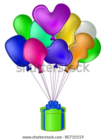 Balloons all colours of a rainbow fly with a green gift box
