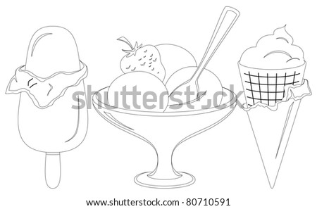 sweet dessert, various ice cream, monochrome contours on white