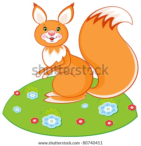 Cute squirrel on a glade. Vector illustration