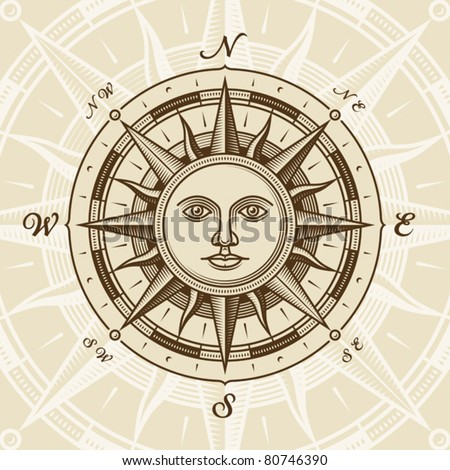 Vintage sun compass rose. Vector
