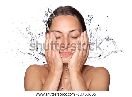 Beautiful wet woman face with water drop. Close-up portrait on white background Royalty-Free Stock Photo #80750635