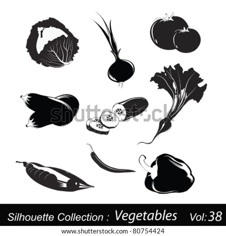 Vector silhouette icons of vegetables. Black and white icons.