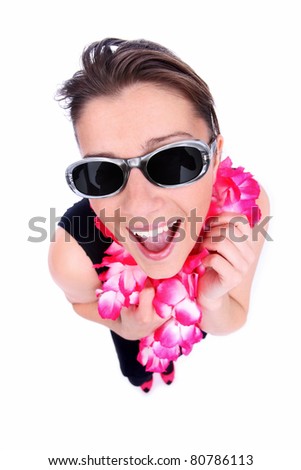 A picture of a happy woman in a hawaiian necklaces ready for holidays over white background