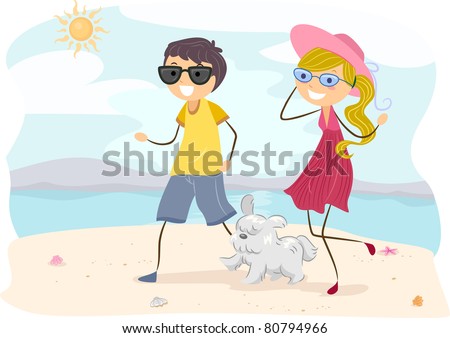 Illustration of a Couple Walking their Dog at the Beach