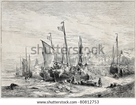 Old illustration of fishing boats back to shore. Created by Noel, published on L'Illustration, Journal Universel, Paris, 1857