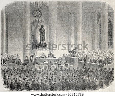Old illustration of Marie-Francoise Xavier Bichat statue inauguration. Created by Janet-Lange, published on L'Illustration, Journal Universel, Paris, 1857