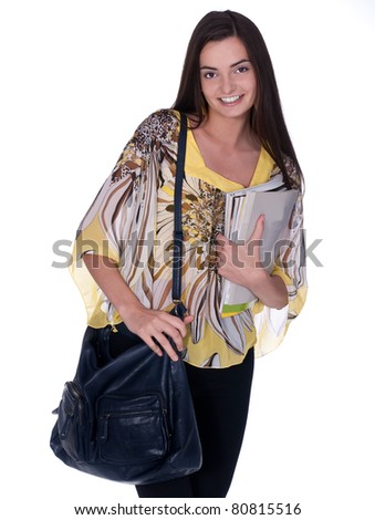 young girl with bag on shoulder