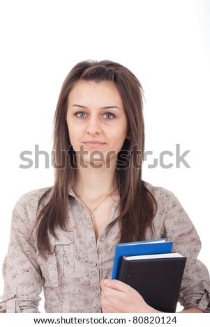 girl student with folder and backpack on a white background