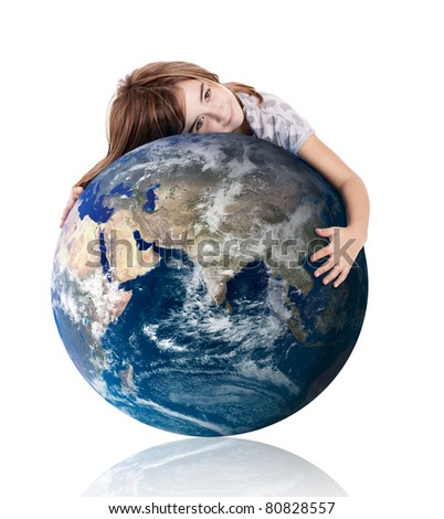 Little girl hugging the planet earth over a white background Royalty-Free Stock Photo #80828557