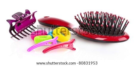 Hairbrush, barrette and Scrunchy isolated on white Royalty-Free Stock Photo #80831953