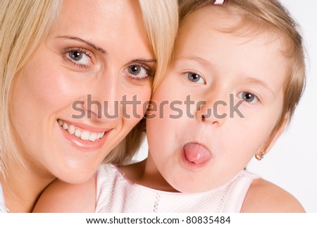cute mom with her daughter on a white background