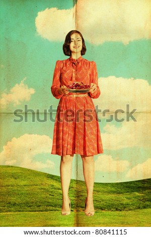beautiful young woman on meadow with pie, art collage