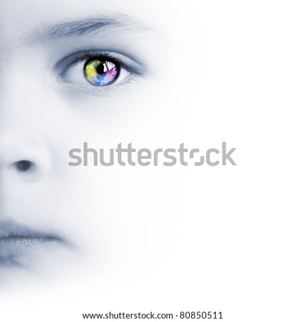 International background with beauty child's face, colorful eye and map Royalty-Free Stock Photo #80850511