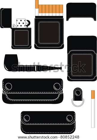 Vector black leather trendy stylish set of smoking and keys accessories - pipe, gas lighter, cigarette case, pipe and key cases - isolated illustration on white background