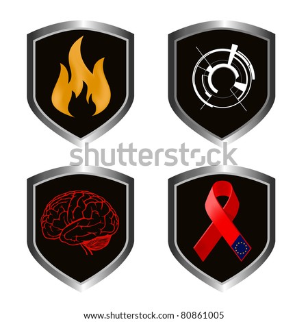 signs of european union, fire, techno, brain illustrations on metal shields