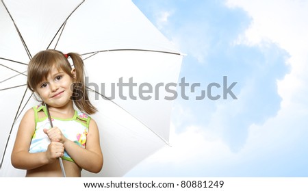 little girl child with umbrella on sky background