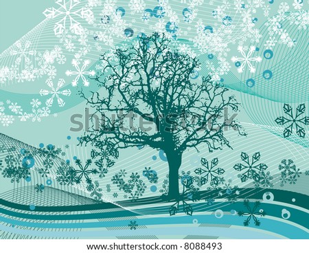 Winter background with a tree and snowflakes.
