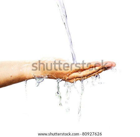Hand with water isolated on white