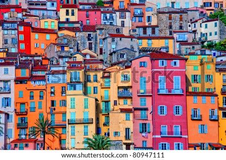 Detail scenic view of colorful houses in Provence village Menton, France