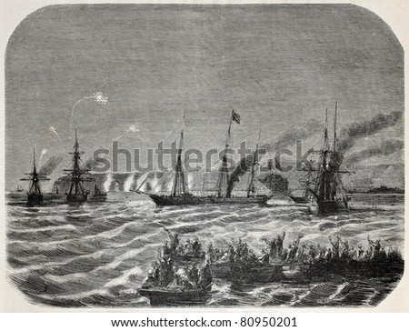 Old illustration of French Emperor and Empress leaving Le Havre for England. Created by Rosico, published on L'Illustration, Journal Universel, Paris, 1857