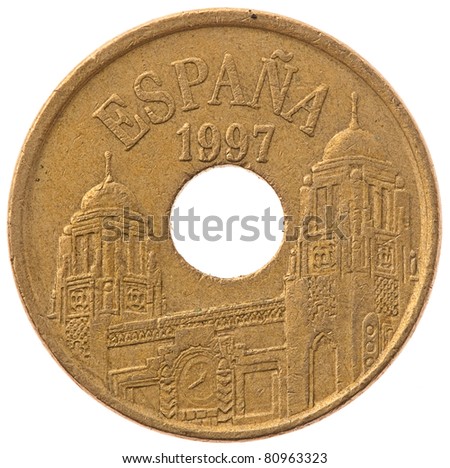 25 pesetas coin isolated on white background