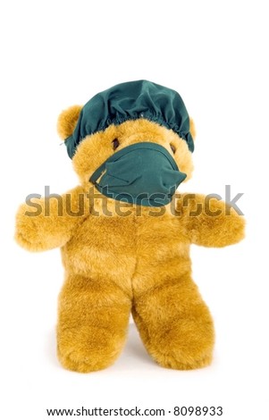 Children's toy. A bear - the doctor in a green bandage and a cap