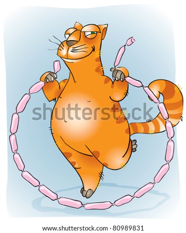 A cat jumping with sausages