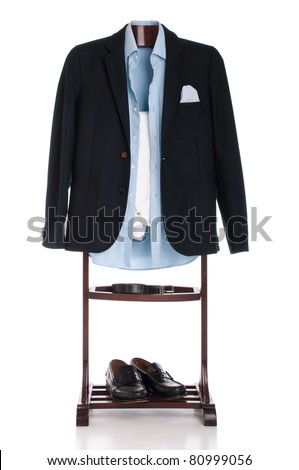 formal man dressing for a celebration, event, job interview or wedding on a wooden hanger (shirt, jacket, trousers, belt and shoes) isolated on white background Royalty-Free Stock Photo #80999056