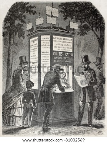Old illustration of a newspaper kiosk. Created by Gaildrau, published on L'Illustration, Journal Universel, Paris, 1857