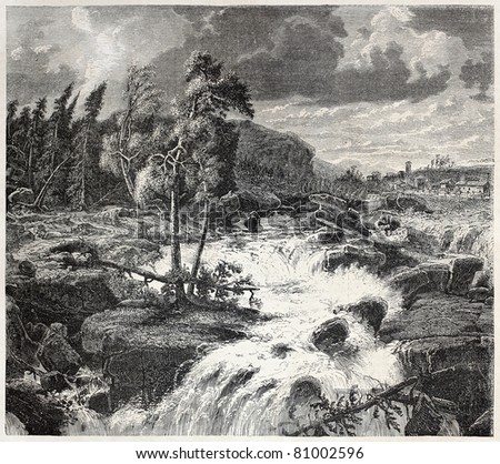 Old Swedish landscape: waterfalls in storm beginning. Created by Larson,  published on L'Illustration, Journal Universel, Paris, 1857