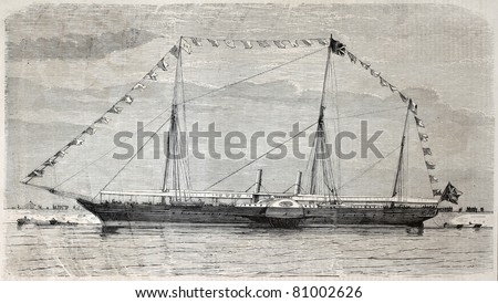 Old illustration of Queen of England yacht, in Le Havre port. By unidentified author, published on L'Illustration, Journal Universel, Paris, 1857