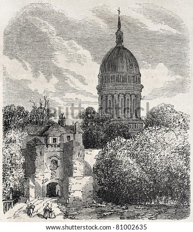 Old view of the dome of Notre-Dame de Boulogne Basilica. Created by Sauvageot, published on L'Illustration, Journal Universel, Paris, 1857