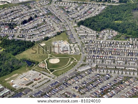 aerial city view of a suburb of Kitchener-Waterloo, Ontario Canada