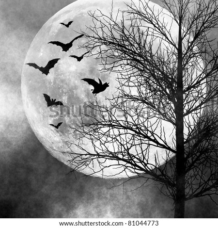 Halloween background. Bats flying in the night with a full moon in the background.