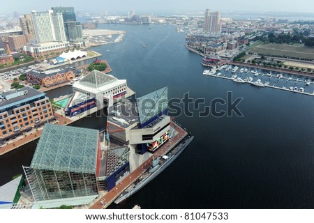 Aerial view of Baltimore Harbor on a sunny day