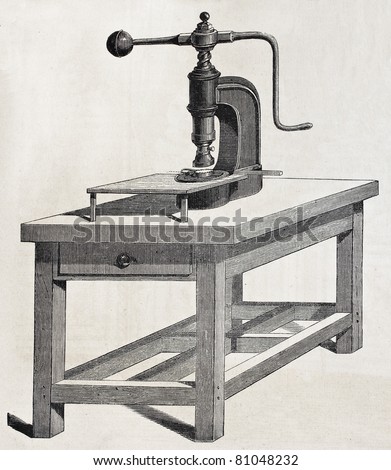 Old illustration of a cutting machine for artificial flowers production.  Created by Valentin, published on L'Illustration, Journal Universel, Paris, 1857