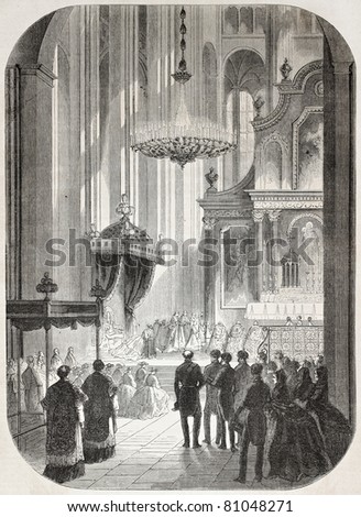 Old illustration of Empress Eugenie in Saint Sebastien church. By unidentified author, published on L'Illustration, Journal Universel, Paris, 1857