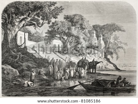 Old illustration of traditional Ganges ablutions in India. Created by Anastasi after sketch of De Berard, published on L'Illustration, Journal Universel, Paris, 1857