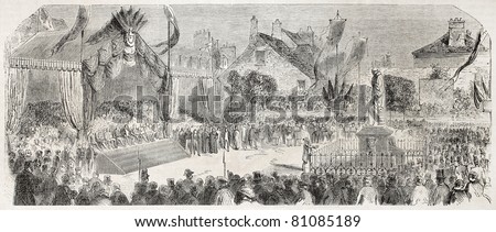 Old illustration of the inauguration in Etampes, of Etienne Geoffroy Saint-Hilaire statue, French naturalist. Created by Godefroy-Durand, published on L'Illustration, Journal Universel, Paris, 1857