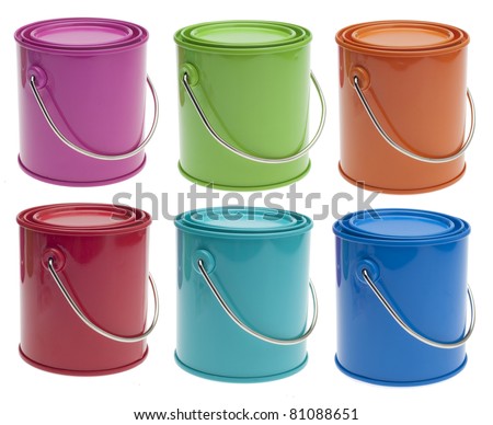 Set of 6 Colored Paint Cans in Pink, Green, Orange, Red, Turquoise and Blue Isolated on White with a Clipping Path. Royalty-Free Stock Photo #81088651