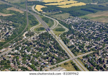 aerial suburb view of a residential district along Highway 403 in Brantford Ontario Canada